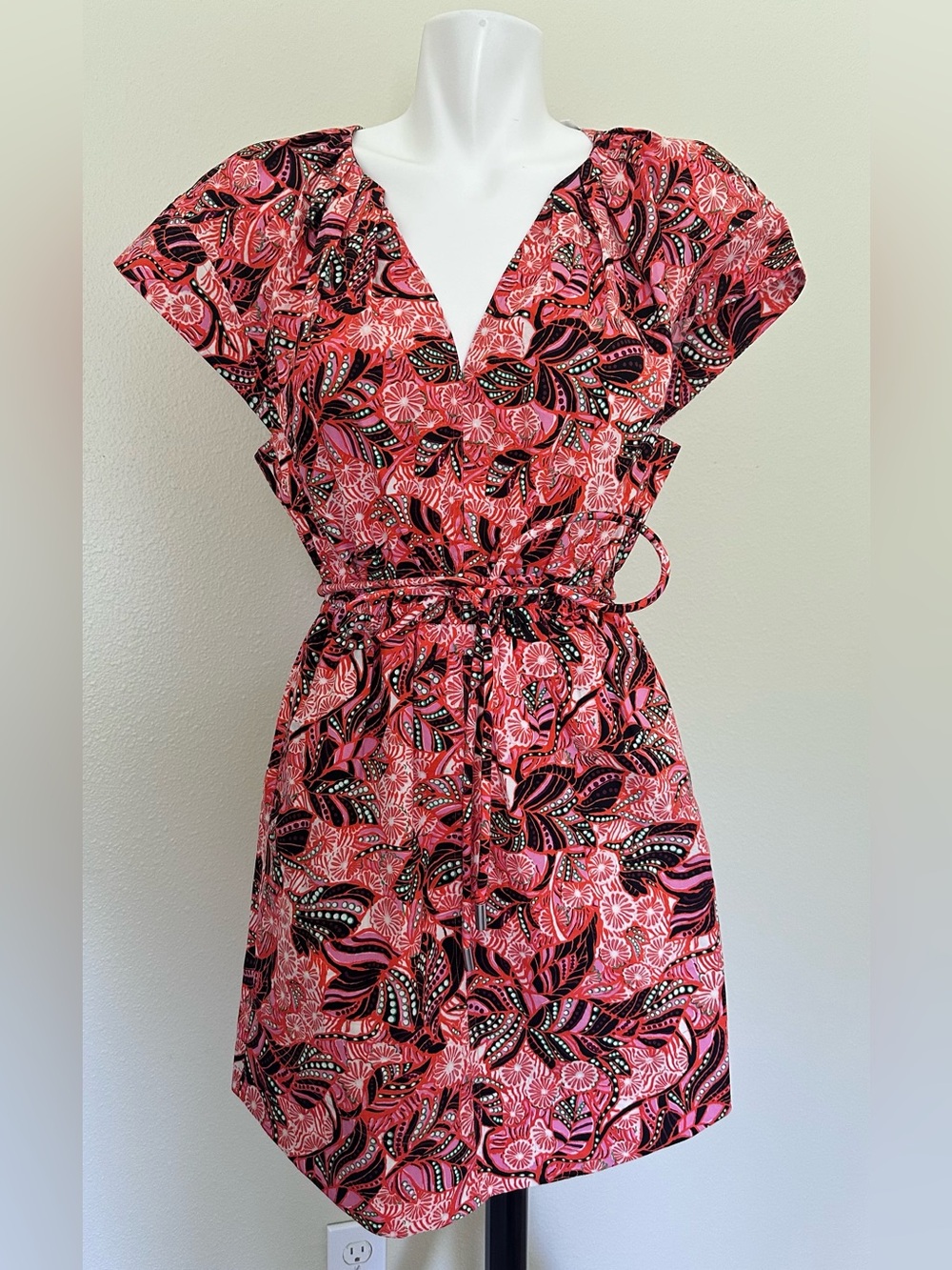 A.L.C. Pink Coral & Black Printed Drawstring Dress